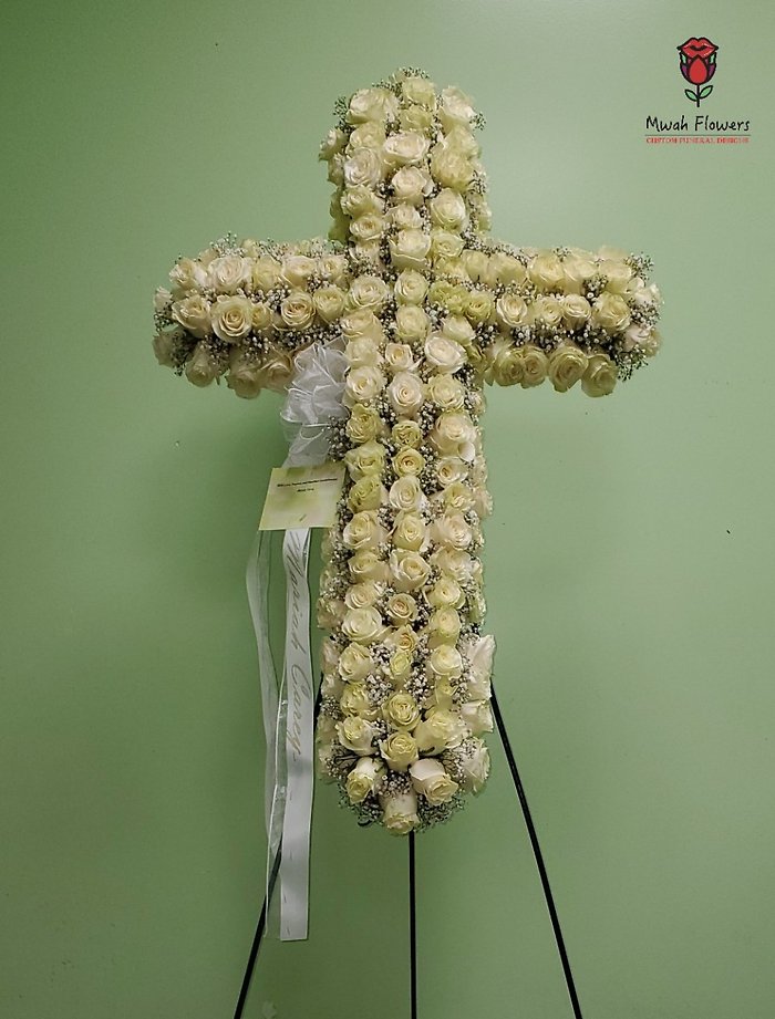 All White Roses Funeral Cross