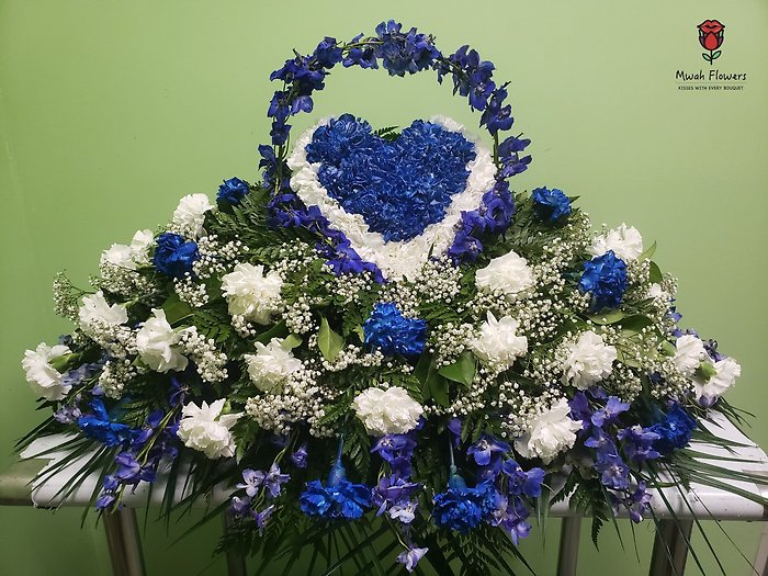 Heart Shaped Casket Spray Blue And White
